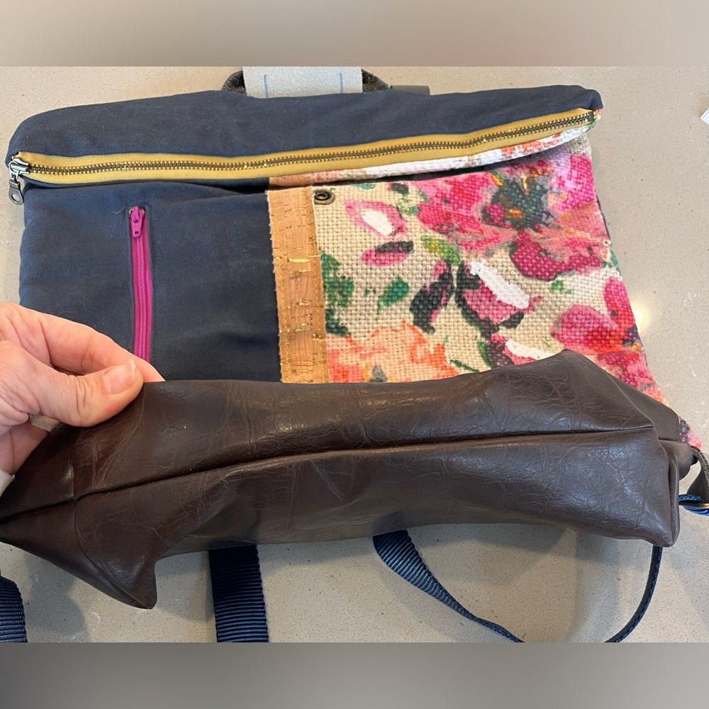 Handmade Roll Zip Backpack Denim Hand Painted Floral Textile Leather Boho Bag - Picture 6 of 13